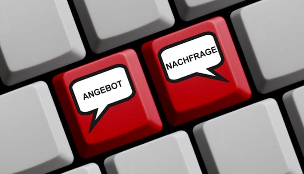 Supply and Demand in german language online - Red computer keyboard 3d illustration