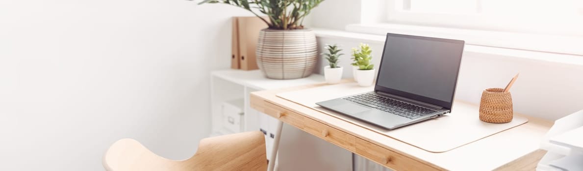 Panoramic view of the office workplace in modern style. Concept of workspace.