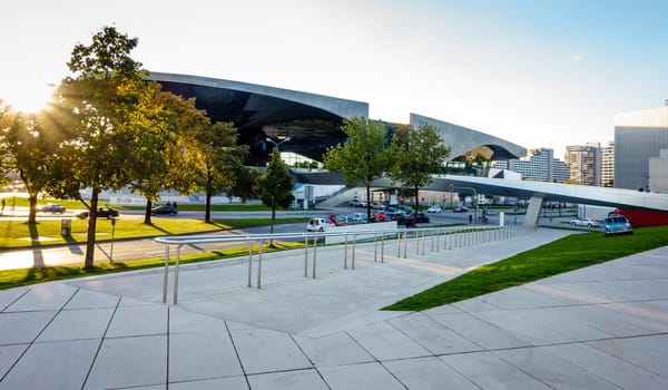 Munich, Germany, September 29, 2015: BMW showroom next to the headquarters building and the museum in Munich, Germany