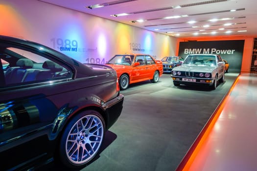 Munich, Germany, September 29, 2015: BMW M models lineup on display at BMW Museum in Munich, Germany