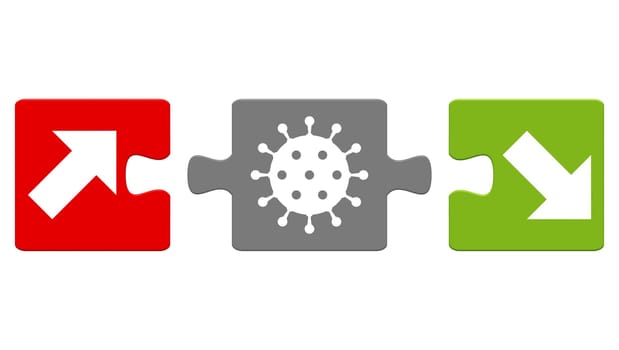 Puzzle Button showing Coronavirus Symbol: Arrows up and down