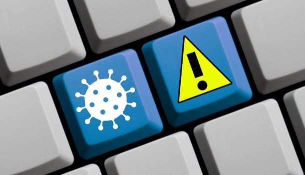 Attention: Coronavirus warning symbols on computer keyboard - 3D illustration