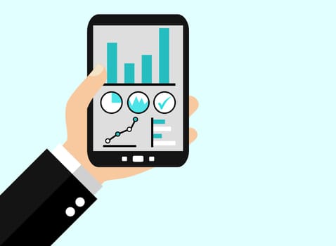 Business Man holding phone with Business Data