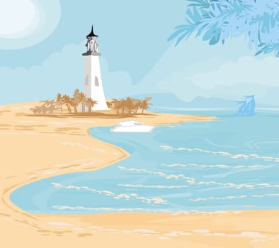 lighthouse seen from a tiny beach