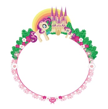 Card with a cute unicorns, rainbow and flowery meadow