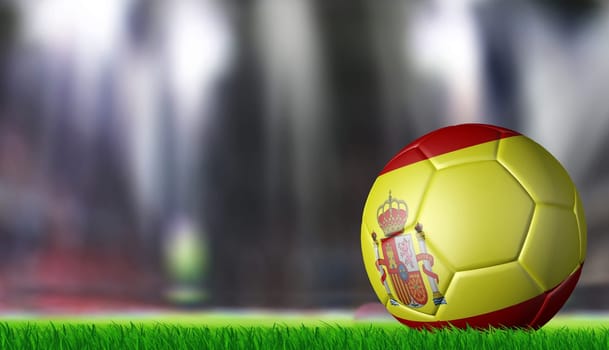 ball in flag of Spain on a bright blurred stadium background.