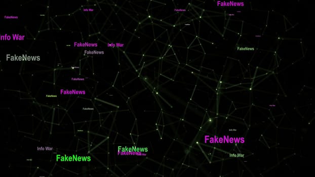 Info war and fake news text against network background