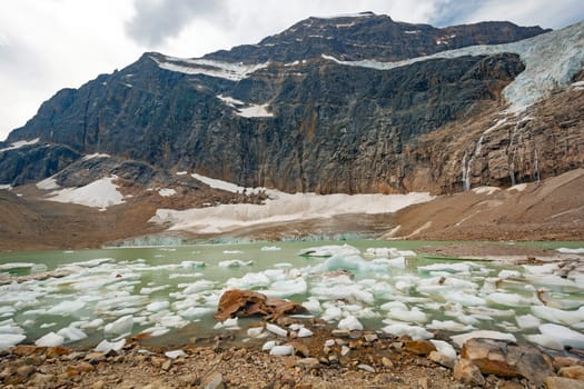 Glacial Remnants in the High Mountains at Mount Edith Cavell in Jasper National Park in Canada