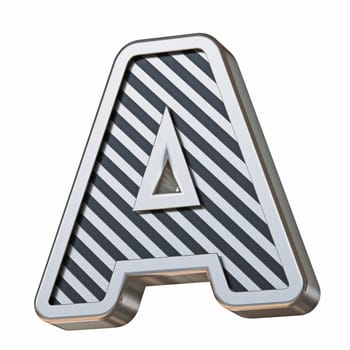Stainless steel and black stripes font Letter A 3D rendering illustration isolated on white background