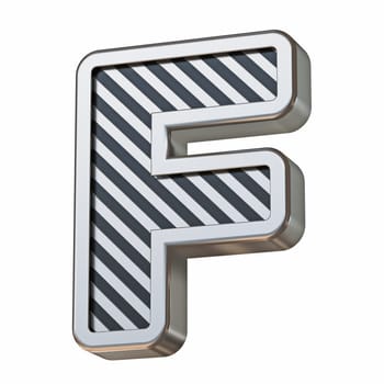Stainless steel and black stripes font Letter F 3D rendering illustration isolated on white background