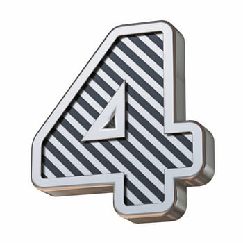 Stainless steel and black stripes font Number 4 FOUR 3D rendering illustration isolated on white background