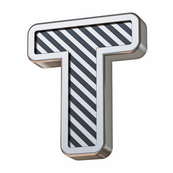 Stainless steel and black stripes font Letter T 3D rendering illustration isolated on white background