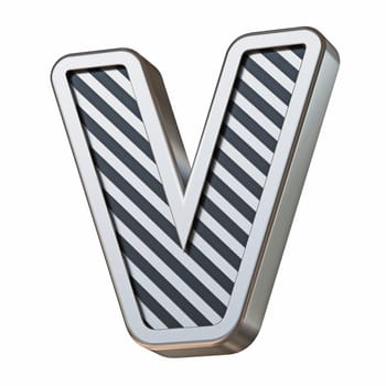 Stainless steel and black stripes font Letter V 3D rendering illustration isolated on white background