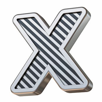 Stainless steel and black stripes font Letter X 3D rendering illustration isolated on white background