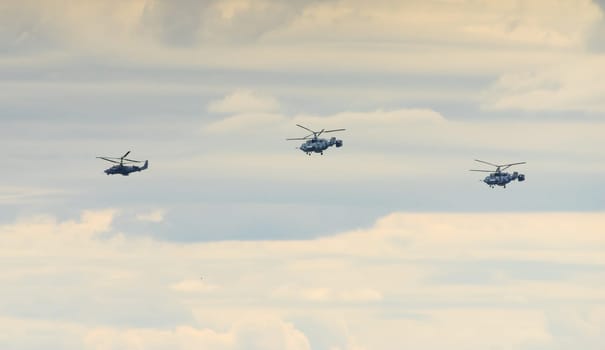 group of attack helicopters KA 31and KA 52 of the Russian Navy in the in flight