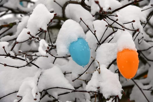 Colorful easter eggs with fresh snow