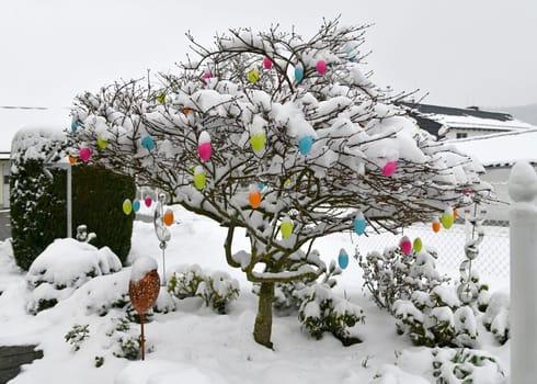 Colorful easter eggs with fresh snow