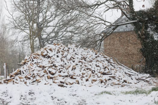 Large firewood stack in winter snow