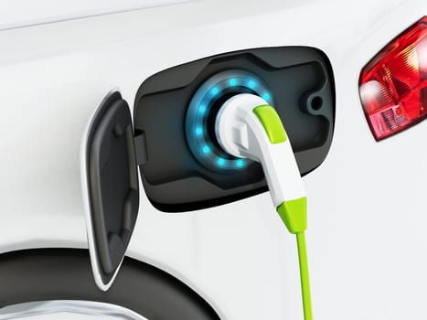 Electric car plugged to charging station. 3D illustration.