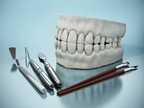 Artificial teeth model,modeling and painting tools. 3D illustration.