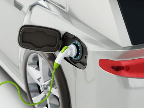 Electric car plugged to charging station. 3D illustration.