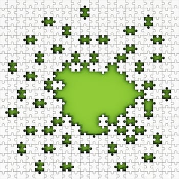 Large group of jigsaw puzzle pieces with missing pieces at the center. 3D illustration.