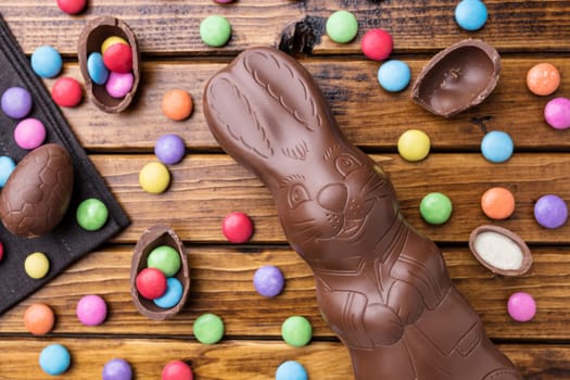Delicious Easter holiday chocolate bunny, eggs and sweets