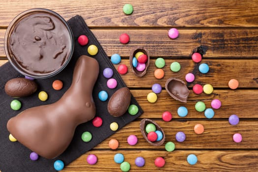 Delicious Easter holiday chocolate bunny, eggs and sweets