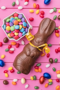 Delicious Easter holiday chocolate bunny, eggs and sweets