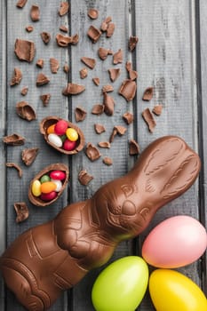 Delicious Easter holiday chocolate bunny, eggs and sweets