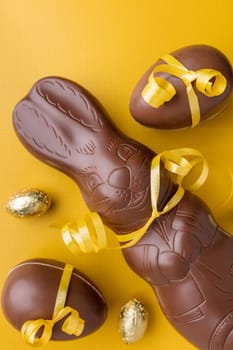 Delicious Easter holiday chocolate bunny, eggs and sweets