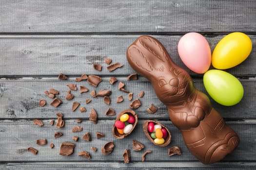 Delicious Easter holiday chocolate bunny, eggs and sweets