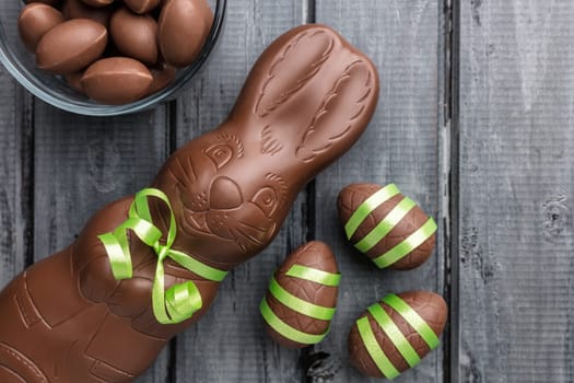 Delicious Easter holiday chocolate bunny, eggs and sweets