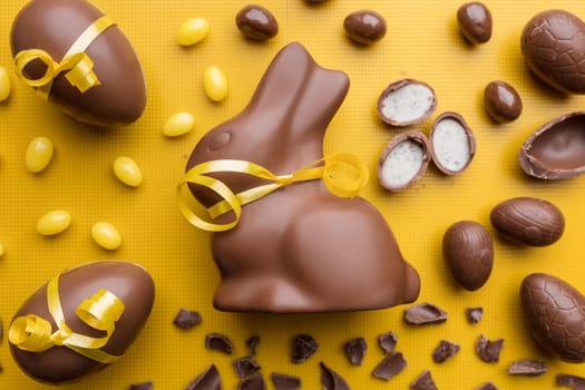 Delicious Easter holiday chocolate bunny, eggs and sweets