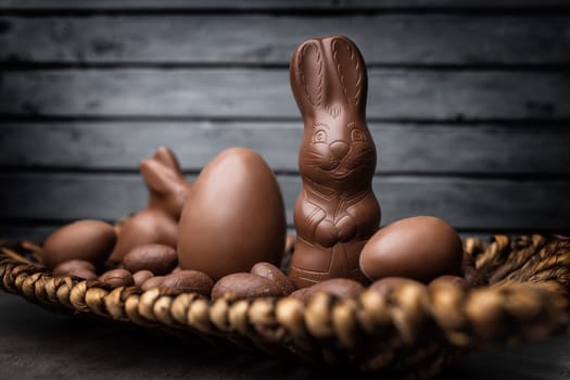 Delicious Easter holiday chocolate bunny, eggs and sweets