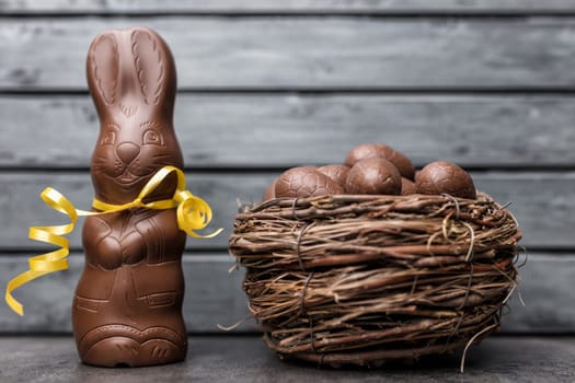 Delicious Easter holiday chocolate bunny, eggs and sweets