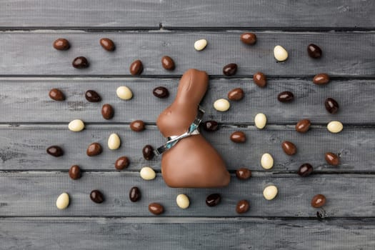 Delicious Easter holiday chocolate bunny, eggs and sweets