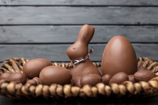Delicious Easter holiday chocolate bunny, eggs and sweets