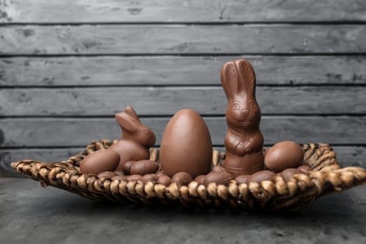 Delicious Easter holiday chocolate bunny, eggs and sweets