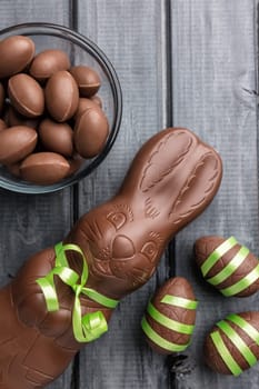 Delicious Easter holiday chocolate bunny, eggs and sweets