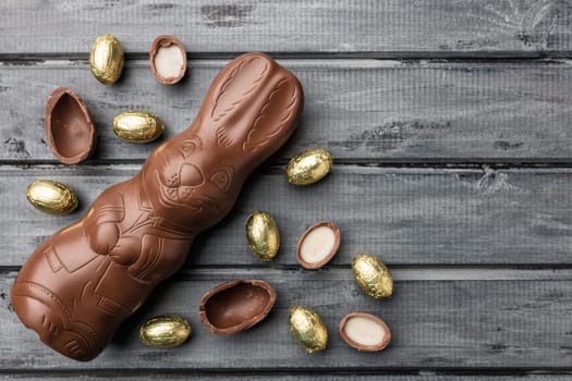 Delicious Easter holiday chocolate bunny, eggs and sweets