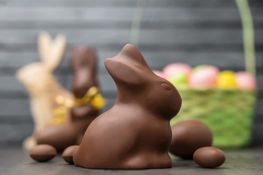 Delicious Easter holiday chocolate bunny, eggs and sweets