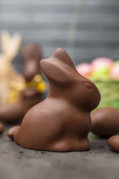 Delicious Easter holiday chocolate bunny, eggs and sweets