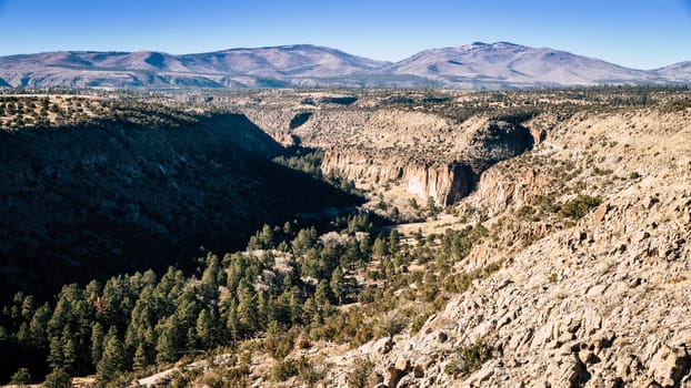 Scenic view of Frijoles Canyon in Bandelier National Monument, New Mexico