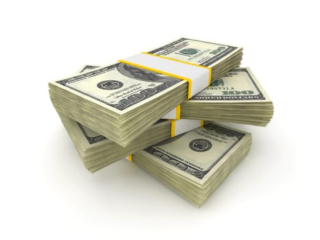 100 Dollar money packs isolated on white background.