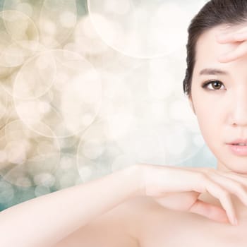 Asian beauty face closeup portrait with clean and fresh elegant lady. Studio shot.