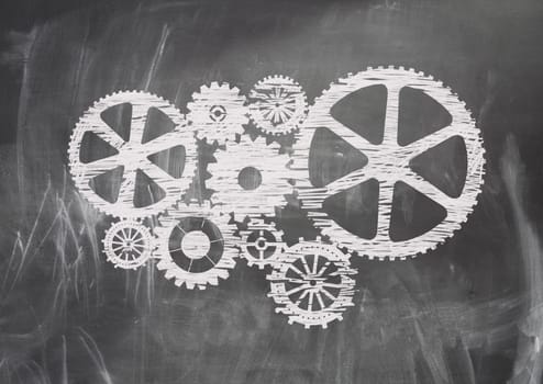 Gears drawed with chalk on blackboard background