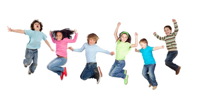 Six funny children jumping isolated on a white background