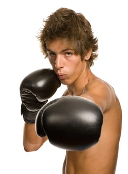young man with boxing gloves, isolated on white