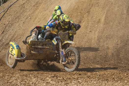 MOHELNICE, CZECH REPUBLIC - APRIL 25. Two crew of sidecars are aligned in a row  in the "International Championship of Czech Republic in sidecarcross 2015"" on April 25. 2015 in Mohelnice."